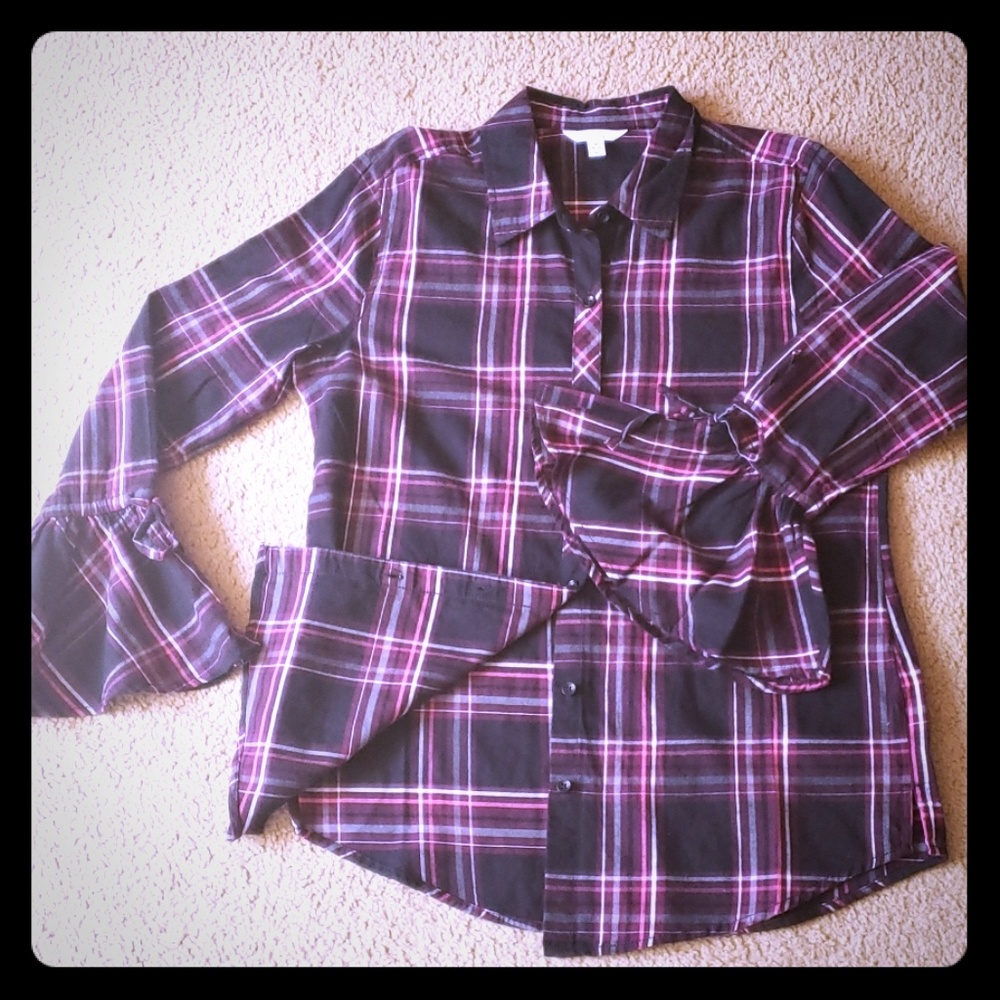 NEW Ladies Stylish Plaid Button-Up Top, M(8-10)
